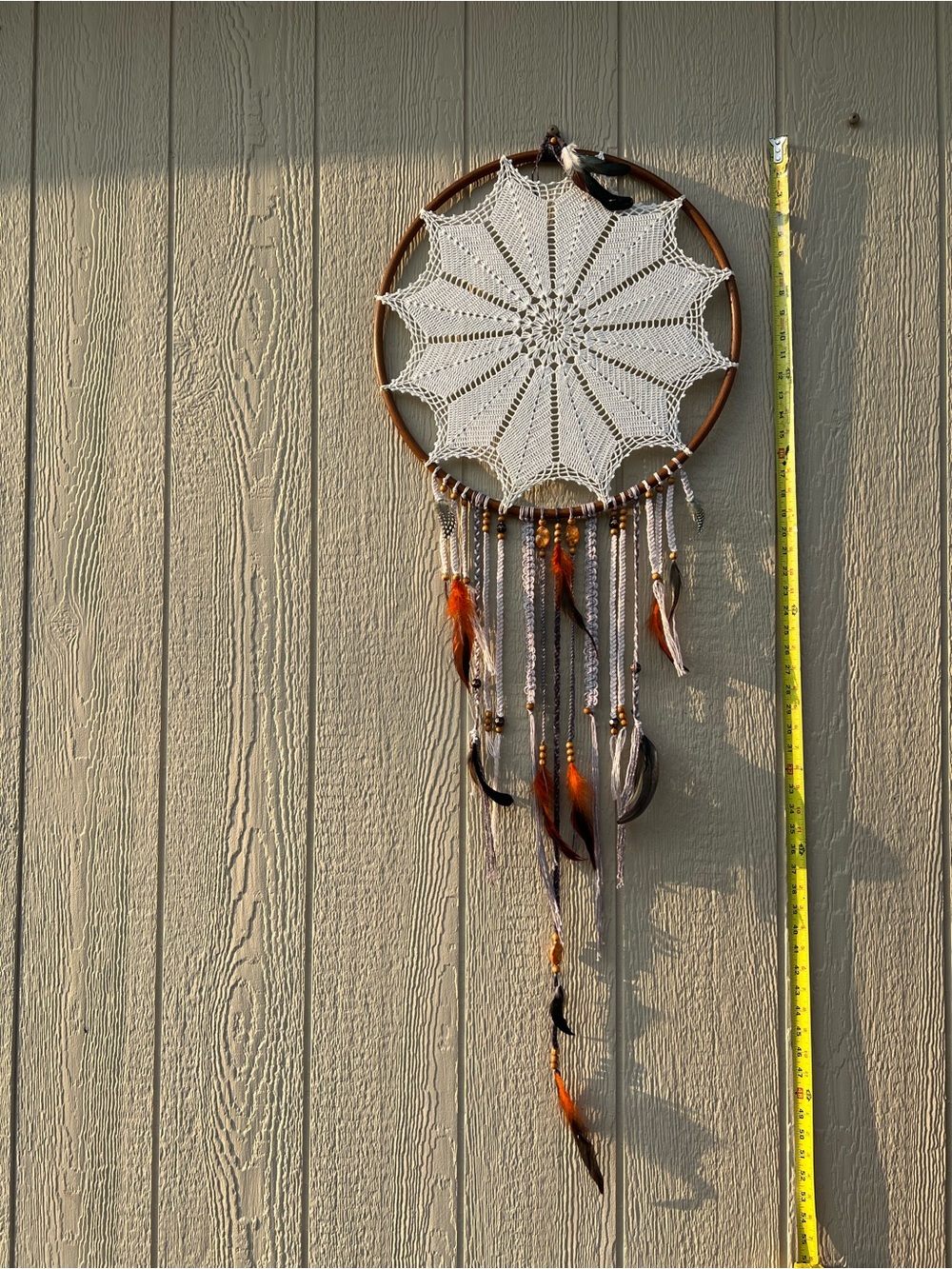Handmade White Crochet Dreamcatcher Wall Hanging with Brown Hoop Boho Western - Picture 5 of 16